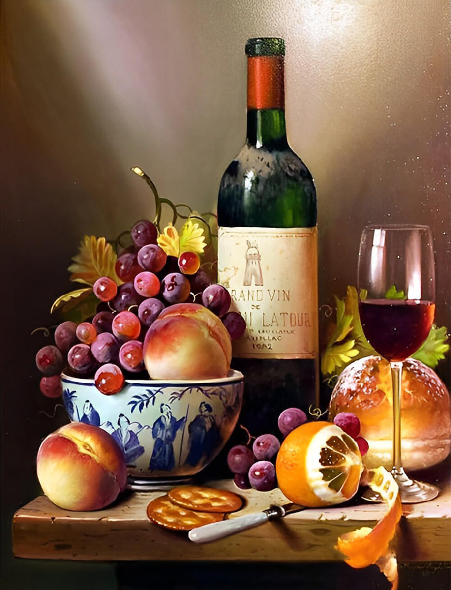 Kit Peinture Par Numéros 20x30 Cm Avec Cadre - Fruits Et Vin Rouge - Loisir Créatif Adulte, Décoration Murale