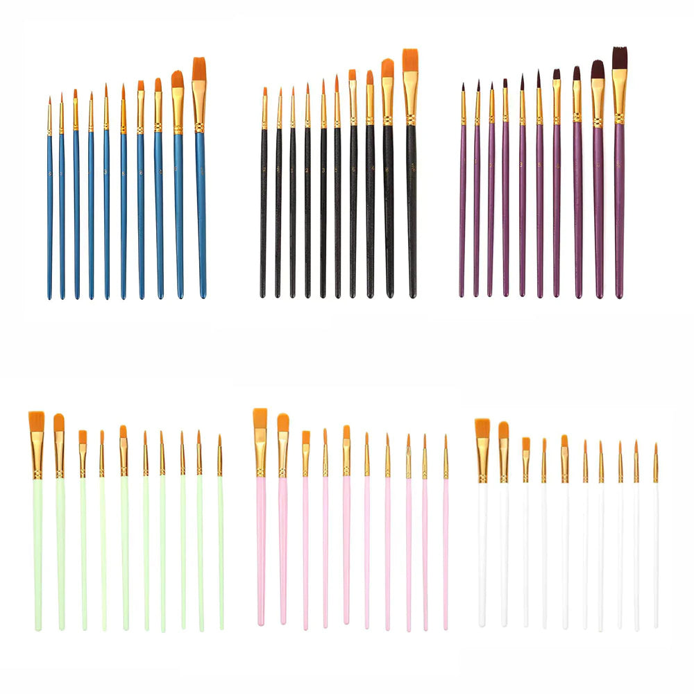 10 Pinceaux pour Peinture Acrylique - Différentes tailles et Formes
