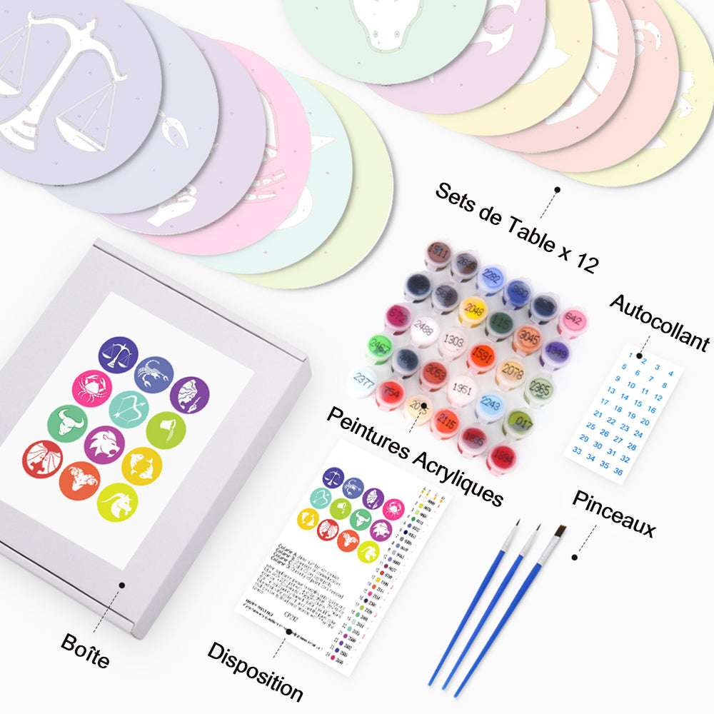 12 Pièces Sets de Table Signes du Zodiaque Peinture par Numéros