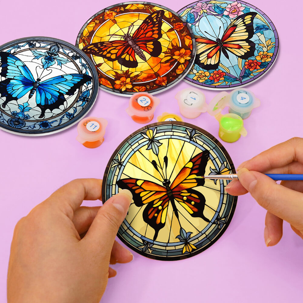 4 Pièces Dessous-de-verre Magnifiques Papillons Peinture par Numéros
