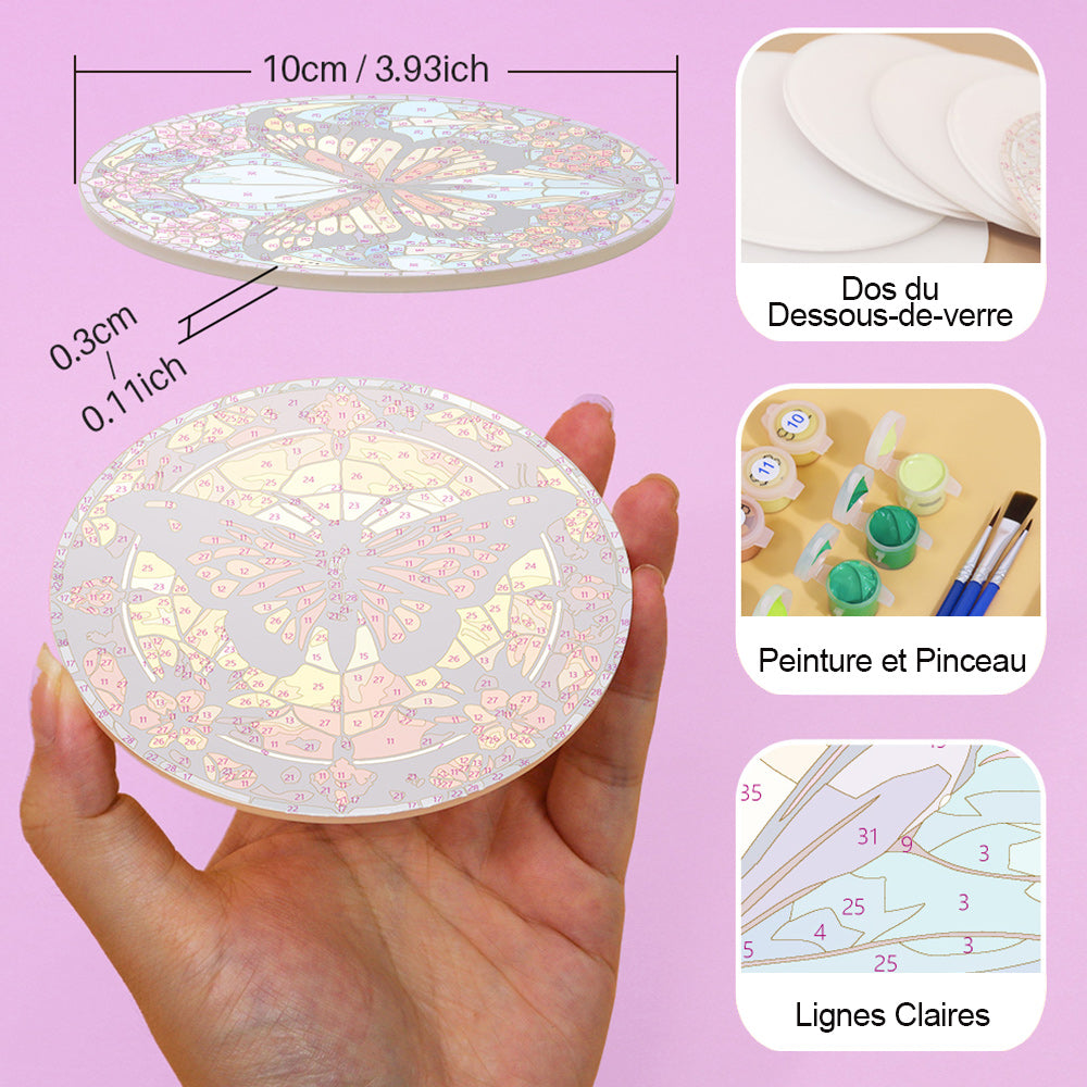 4 Pièces Dessous-de-verre Magnifiques Papillons Peinture par Numéros