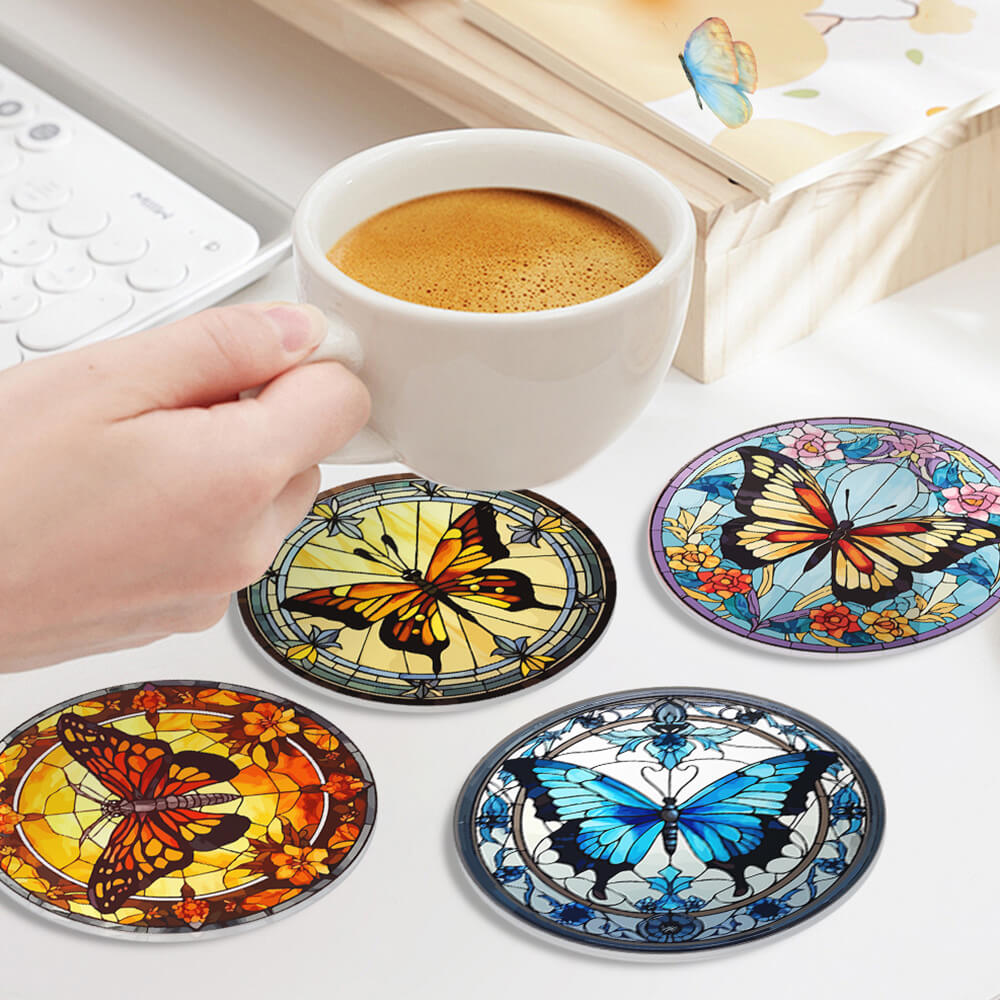 4 Pièces Dessous-de-verre Magnifiques Papillons Peinture par Numéros