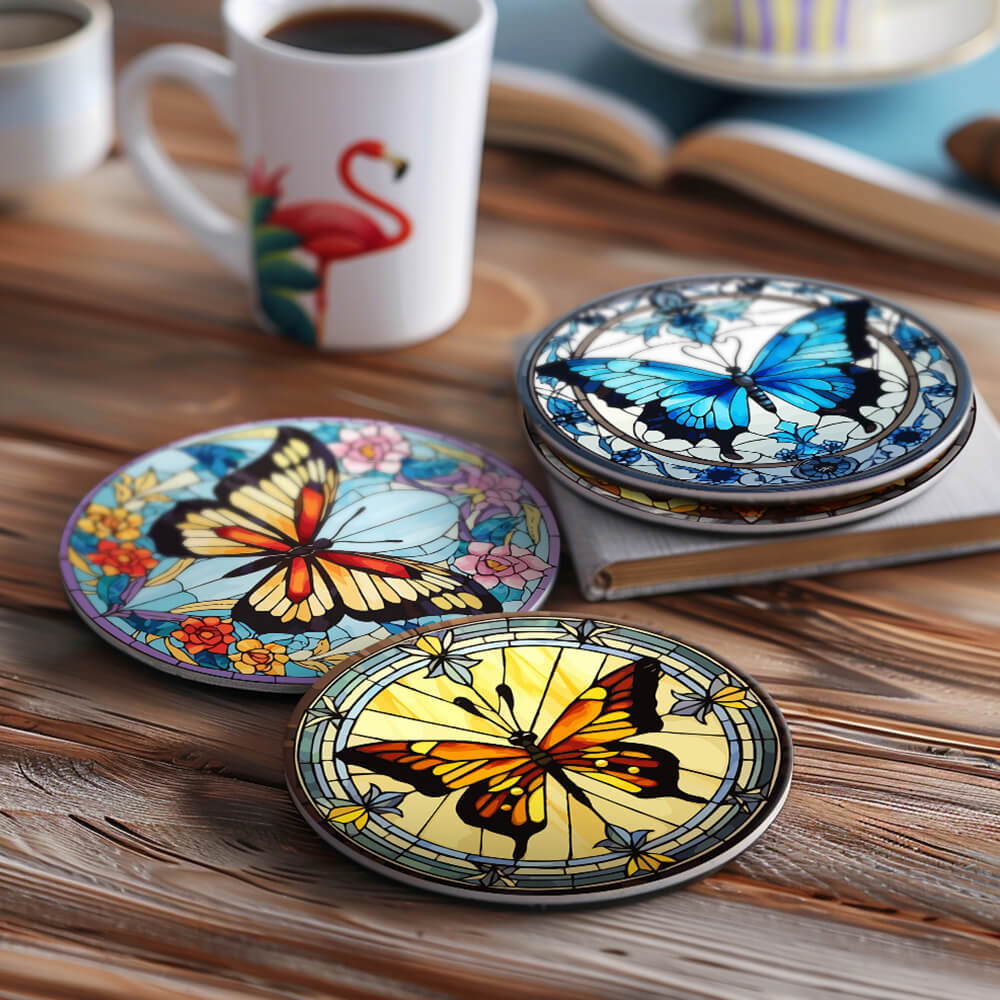 4 Pièces Dessous-de-verre Magnifiques Papillons Peinture par Numéros