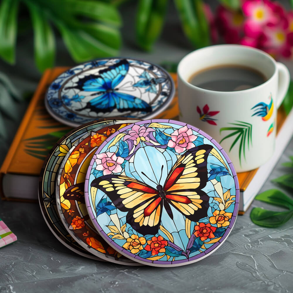 4 Pièces Dessous-de-verre Magnifiques Papillons Peinture par Numéros