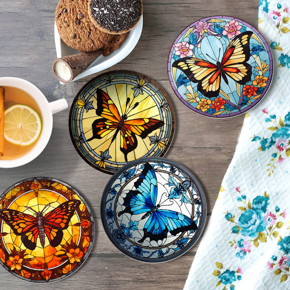 4 Pièces Dessous-de-verre Magnifiques Papillons Peinture par Numéros