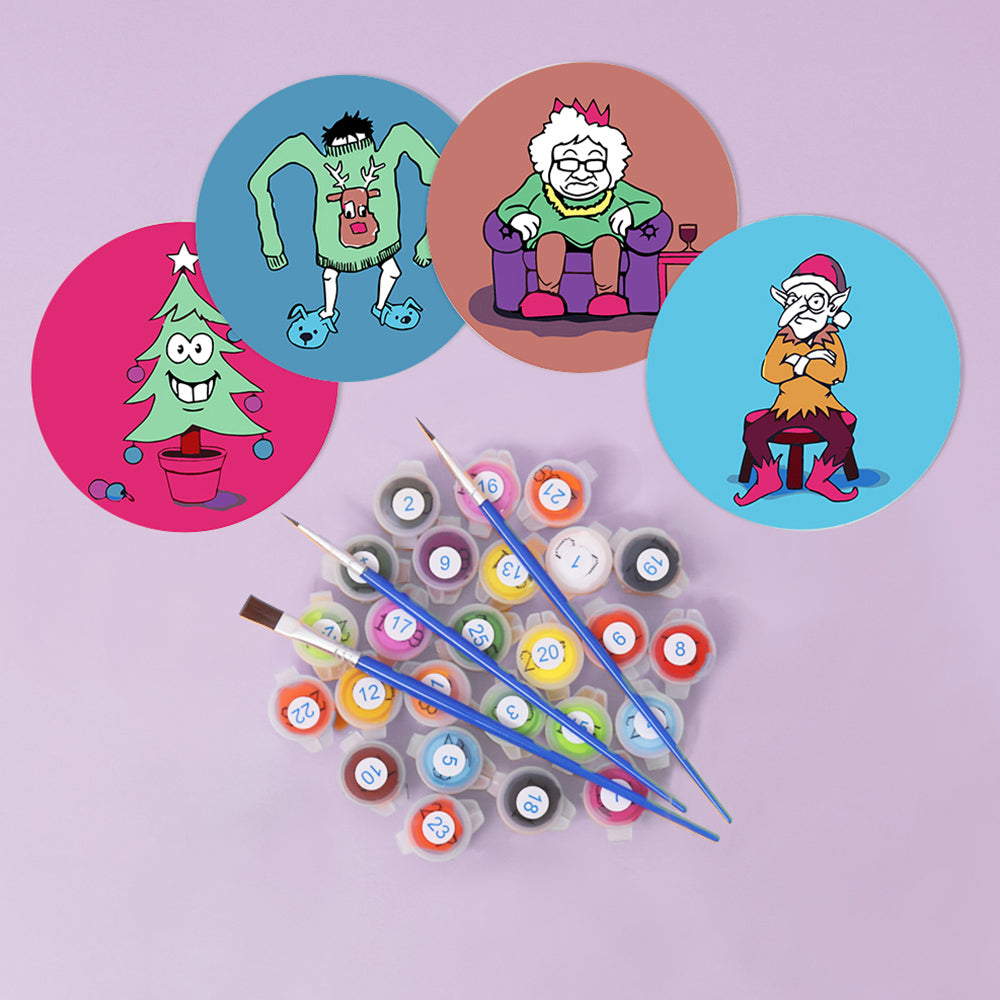 4 Pièces Dessous-de-verre Personnages Cartoon de Noël Peinture par Numéros