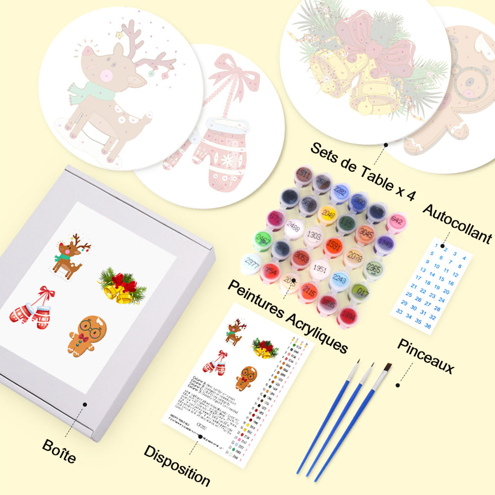 4 Pièces Sets de Table Gants et Cloches de Noël Peinture par Numéros