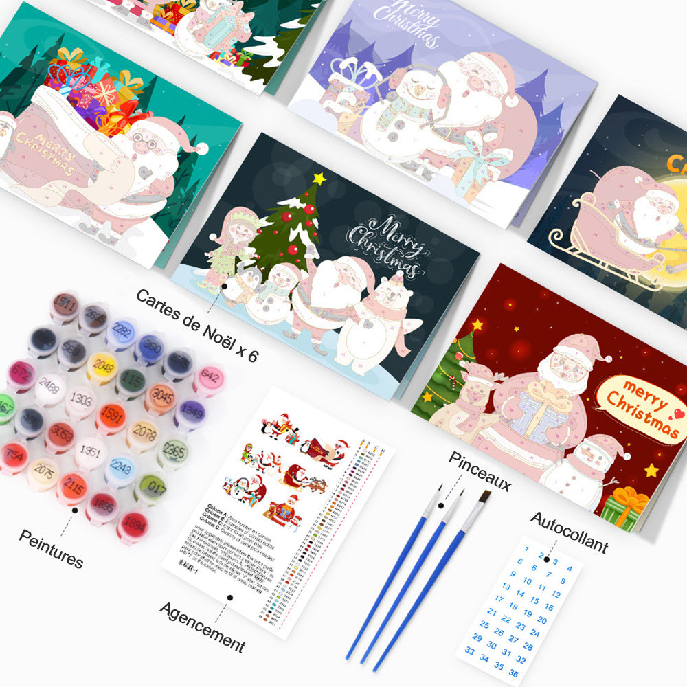 6 Cartes de Noël à Peinture par Numéros | Père Noël et Bonhomme de Neige