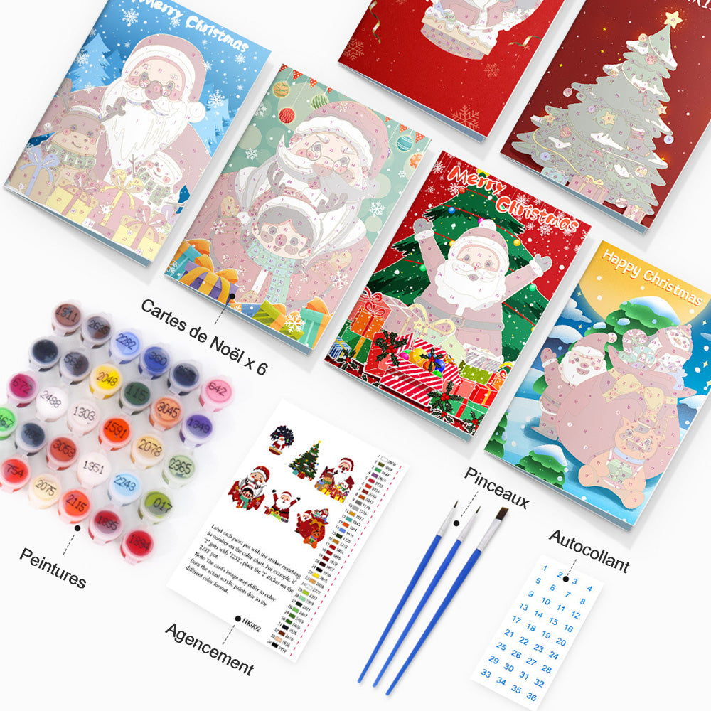6 Cartes de Noël à Peinture par Numéros | Père Noël et Sapin de Noël