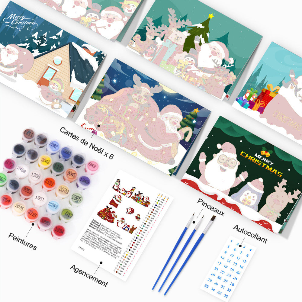6 Cartes de Noël à Peinture par Numéros | Père Noël, Pingouin et Renne