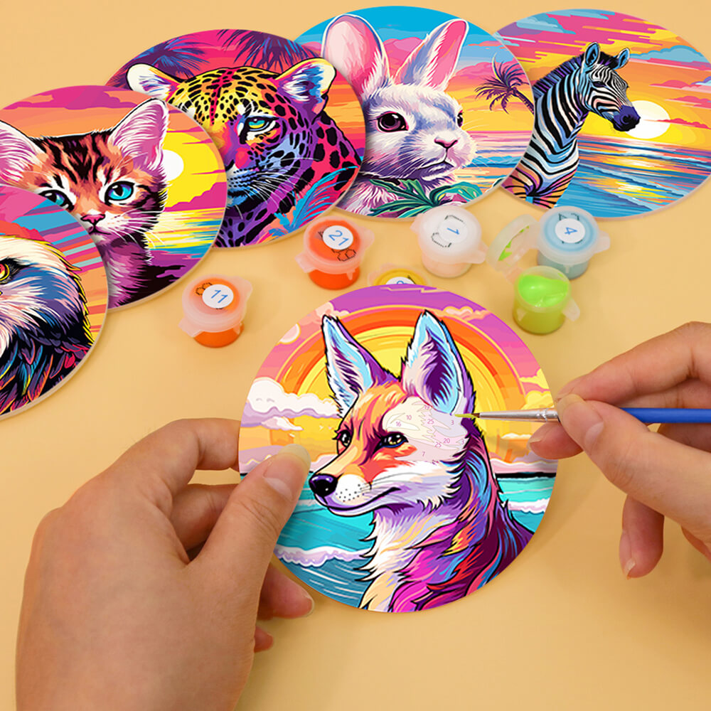 6 Pièces Dessous-de-verre Animaux au Coucher de Soleil Marin Peinture par Numéros