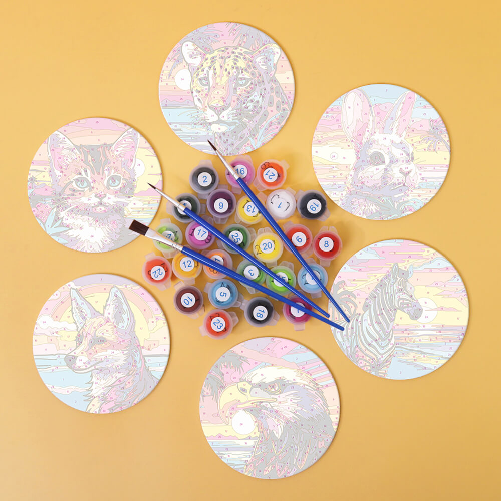 6 Pièces Dessous-de-verre Animaux au Coucher de Soleil Marin Peinture par Numéros