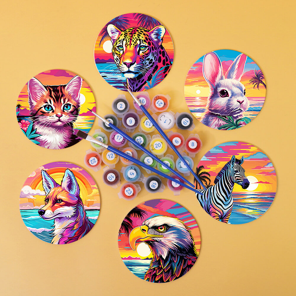6 Pièces Dessous-de-verre Animaux au Coucher de Soleil Marin Peinture par Numéros