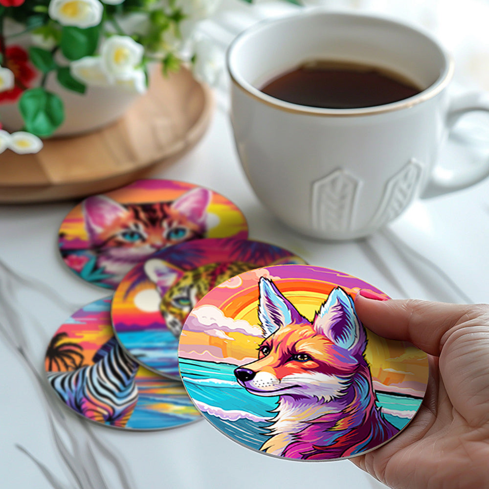 6 Pièces Dessous-de-verre Animaux au Coucher de Soleil Marin Peinture par Numéros