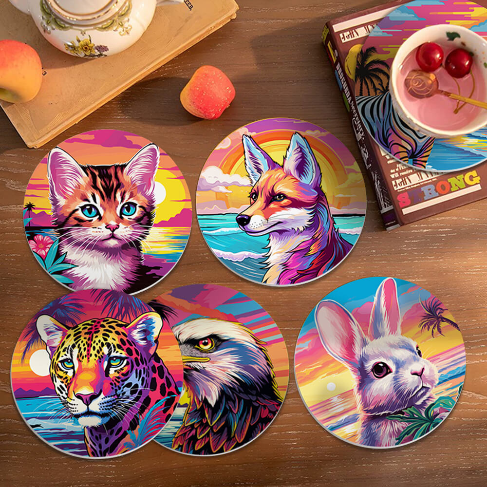 6 Pièces Dessous-de-verre Animaux au Coucher de Soleil Marin Peinture par Numéros