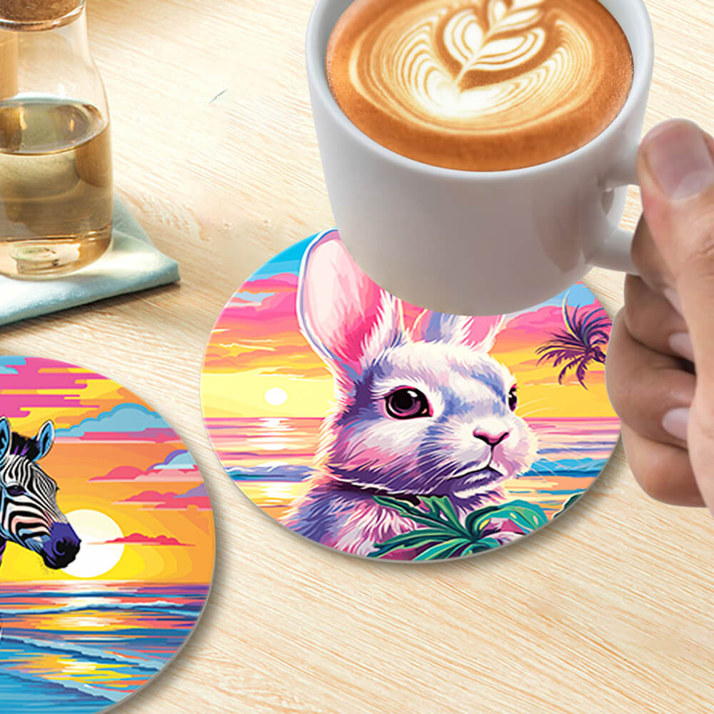 6 Pièces Dessous-de-verre Animaux au Coucher de Soleil Marin Peinture par Numéros