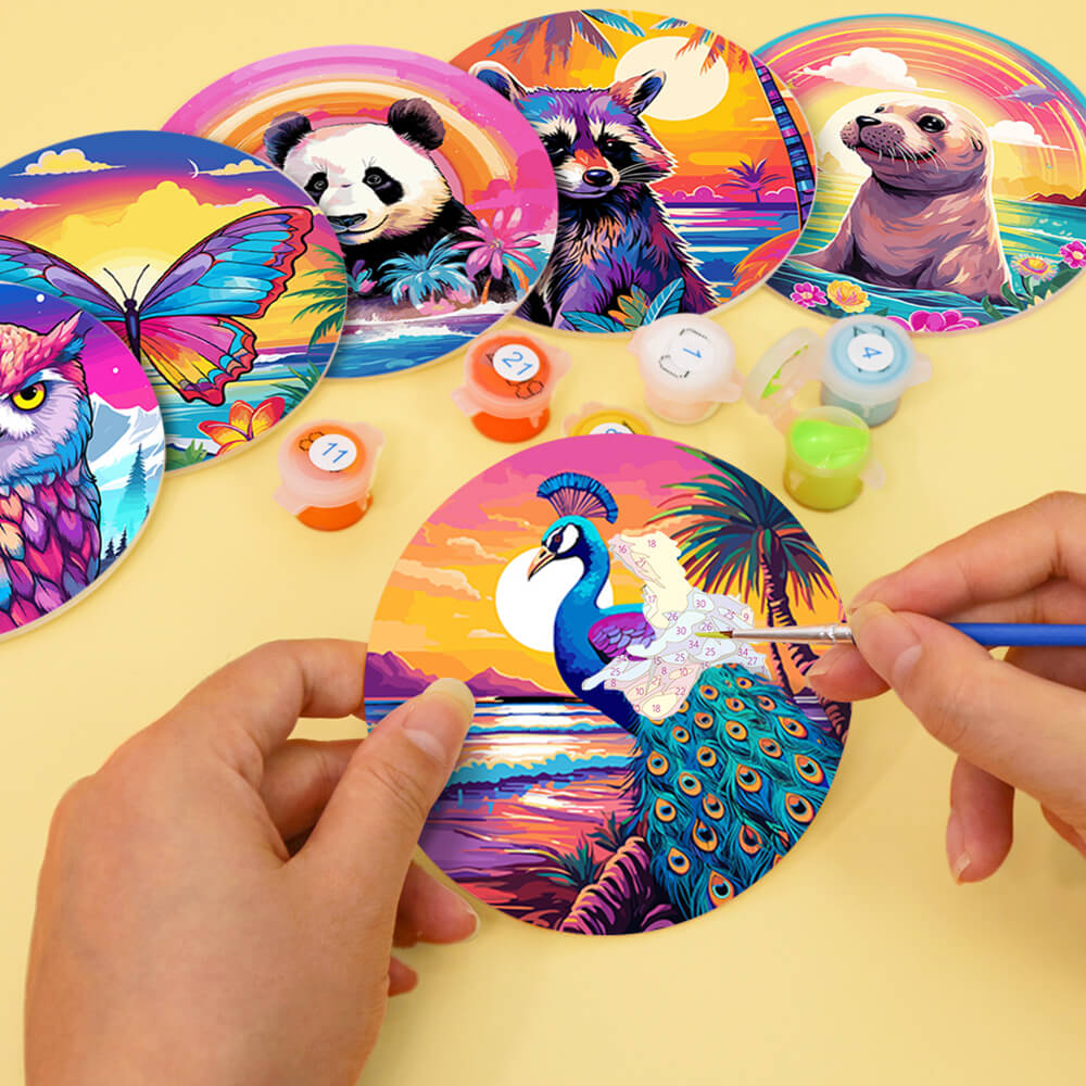 6 Pièces Dessous-de-verre Animaux au Coucher de Soleil Peinture par Numéros