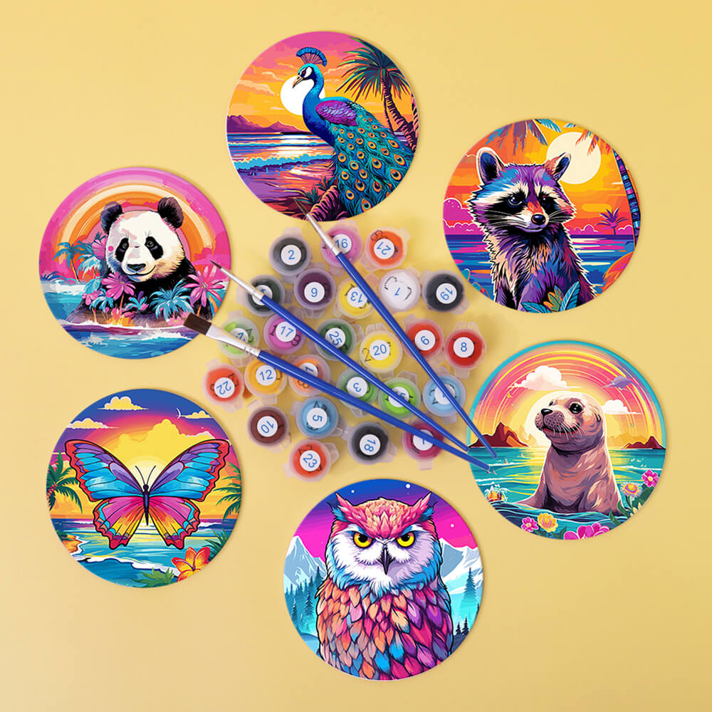 6 Pièces Dessous-de-verre Animaux au Coucher de Soleil Peinture par Numéros