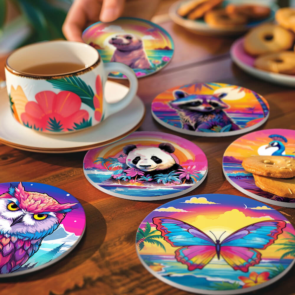 6 Pièces Dessous-de-verre Animaux au Coucher de Soleil Peinture par Numéros