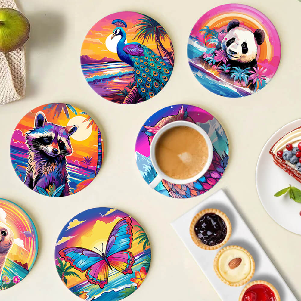 6 Pièces Dessous-de-verre Animaux au Coucher de Soleil Peinture par Numéros