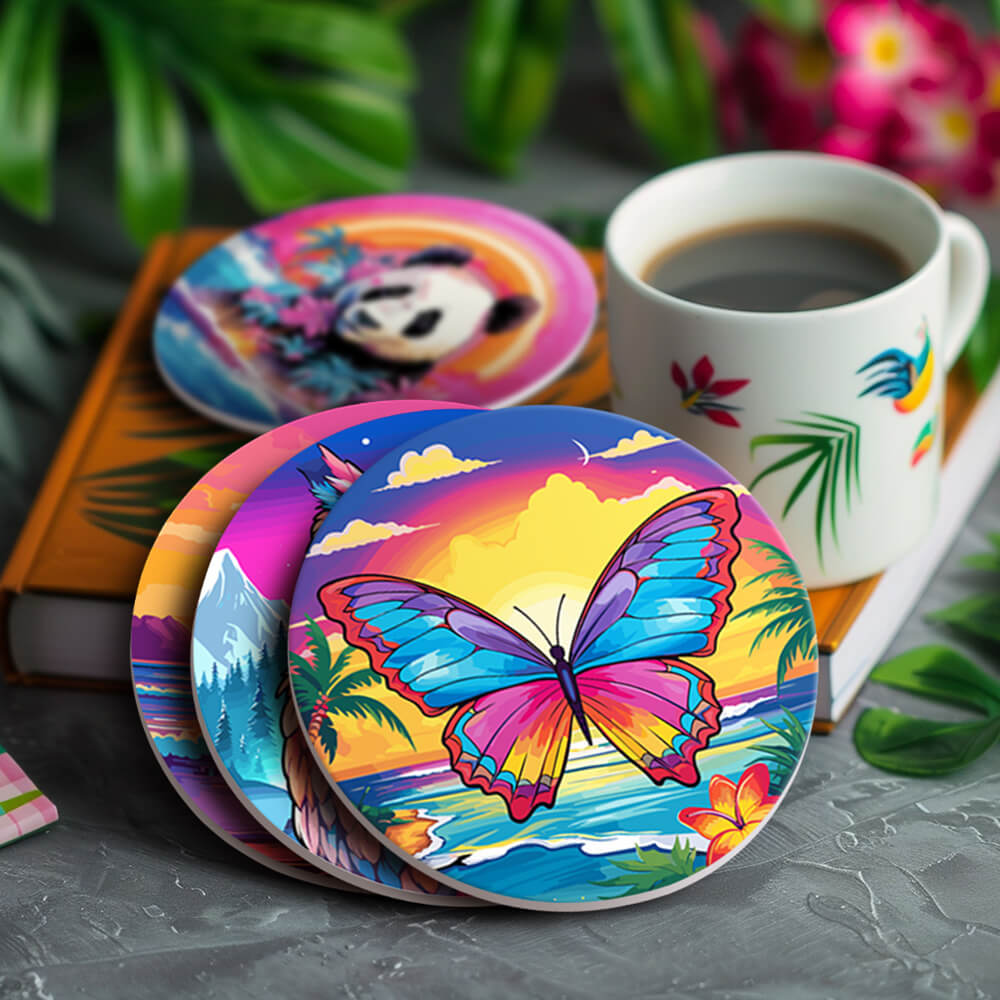 6 Pièces Dessous-de-verre Animaux au Coucher de Soleil Peinture par Numéros