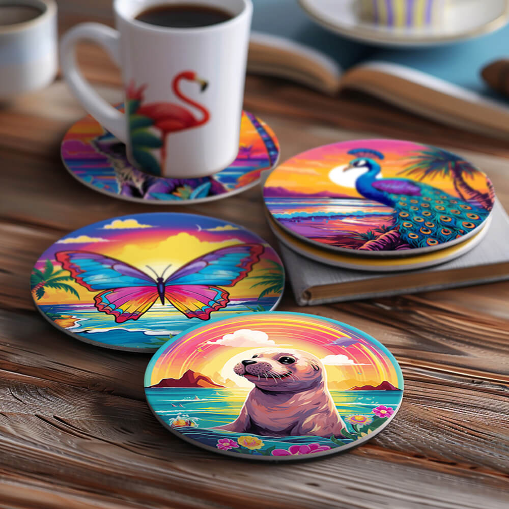 6 Pièces Dessous-de-verre Animaux au Coucher de Soleil Peinture par Numéros