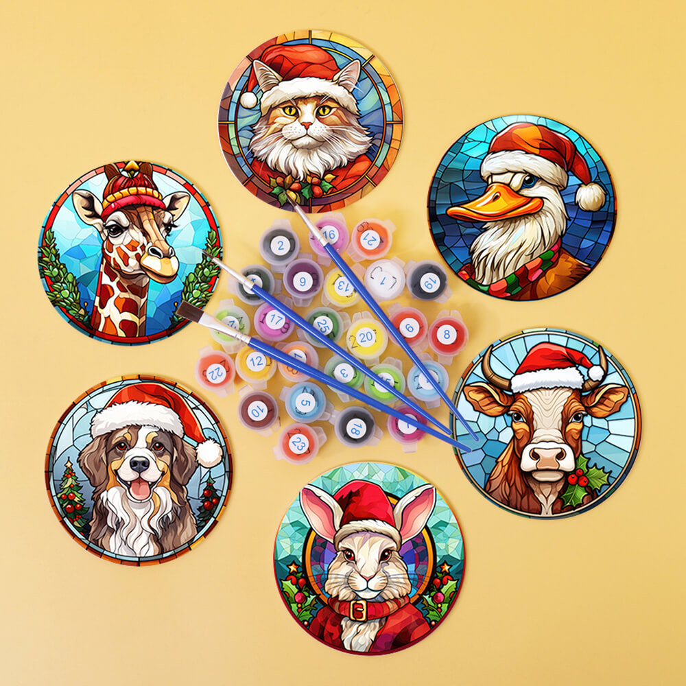 6 Pièces Dessous-de-verre Animaux de Noël Peinture par Numéros