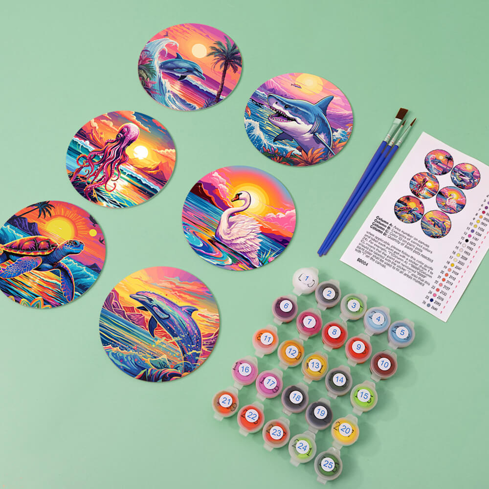 6 Pièces Dessous-de-verre Animaux Marins au Coucher de Soleil Peinture par Numéros