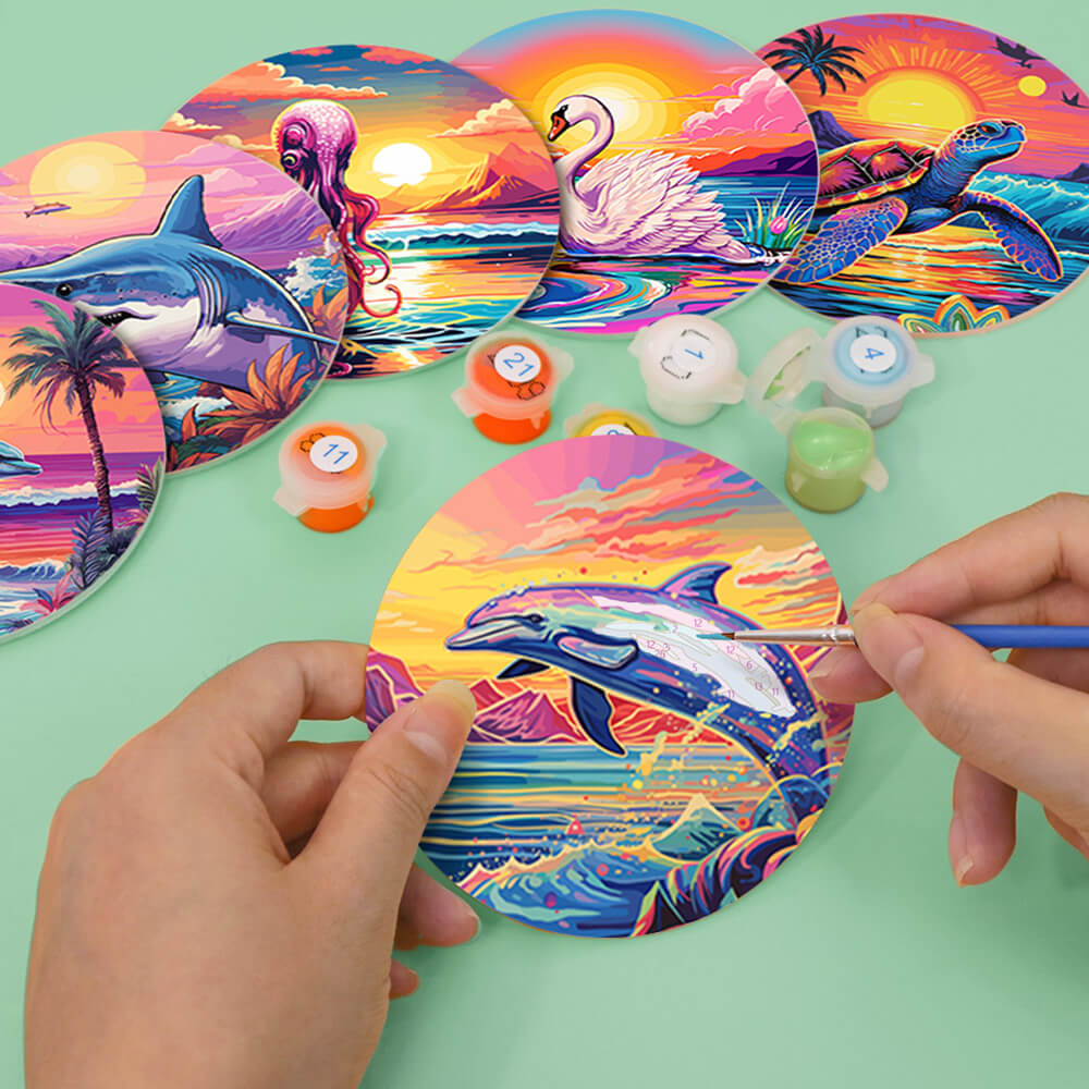 6 Pièces Dessous-de-verre Animaux Marins au Coucher de Soleil Peinture par Numéros