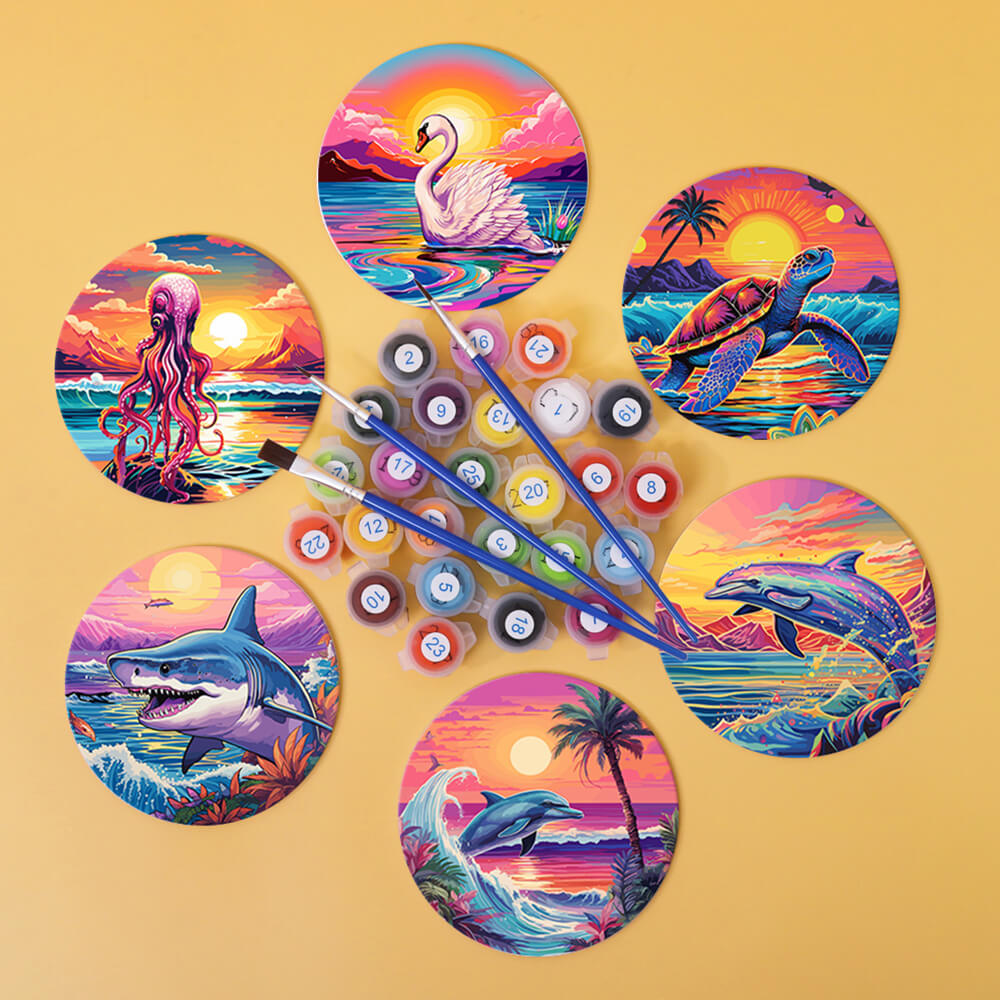 6 Pièces Dessous-de-verre Animaux Marins au Coucher de Soleil Peinture par Numéros