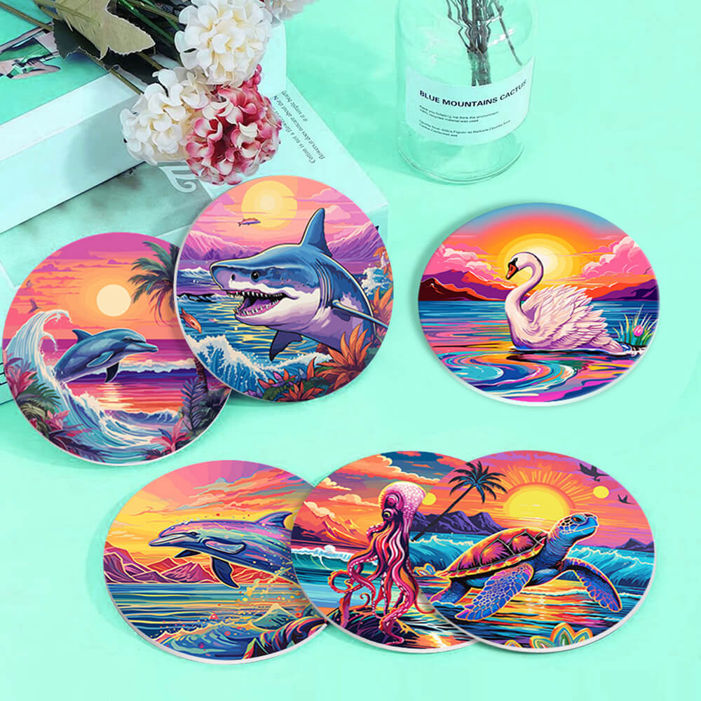 6 Pièces Dessous-de-verre Animaux Marins au Coucher de Soleil Peinture par Numéros