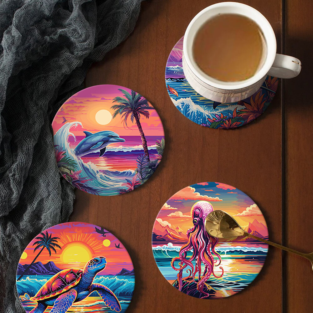 6 Pièces Dessous-de-verre Animaux Marins au Coucher de Soleil Peinture par Numéros