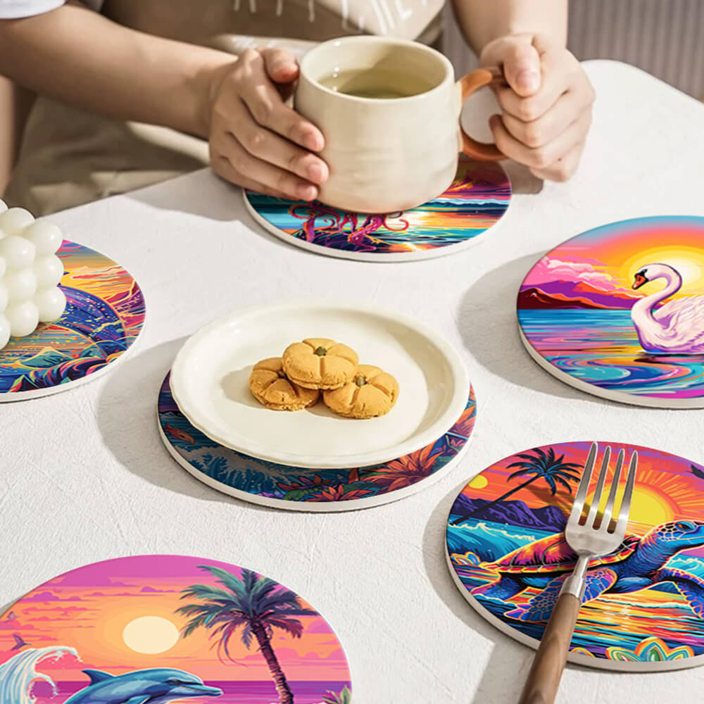 6 Pièces Dessous-de-verre Animaux Marins au Coucher de Soleil Peinture par Numéros