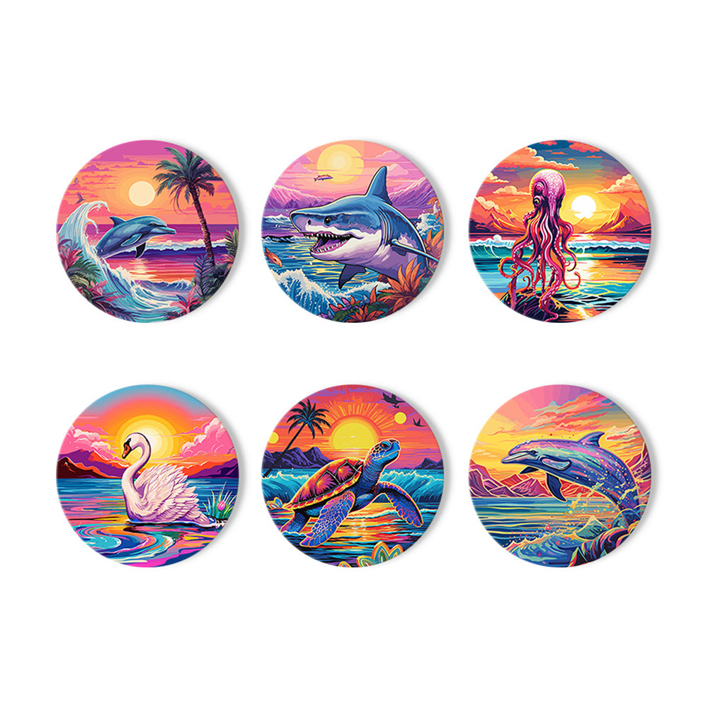 6 Pièces Dessous-de-verre Animaux Marins au Coucher de Soleil Peinture par Numéros