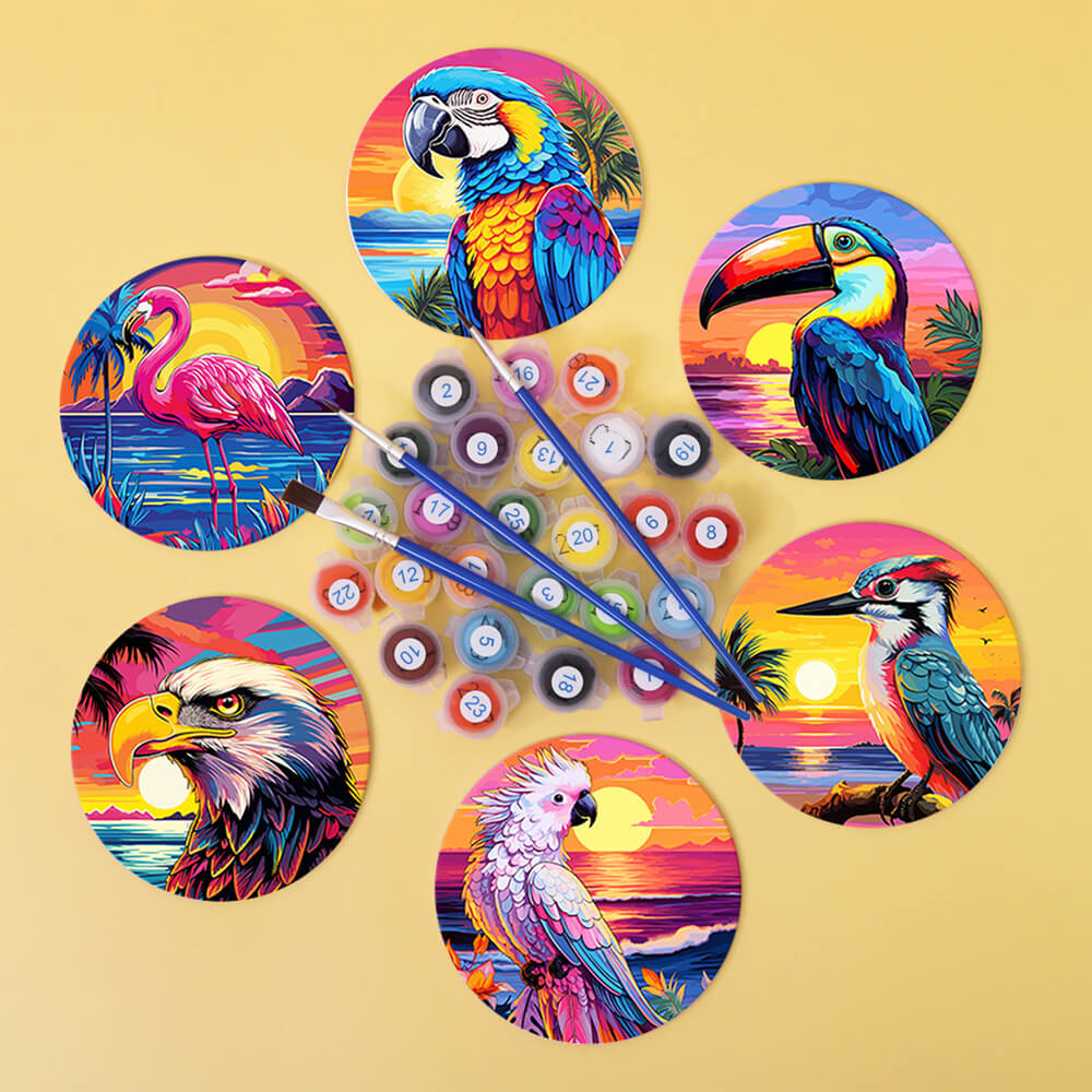 6 Pièces Dessous-de-verre Animaux Volants au Coucher de Soleil Peinture par Numéros