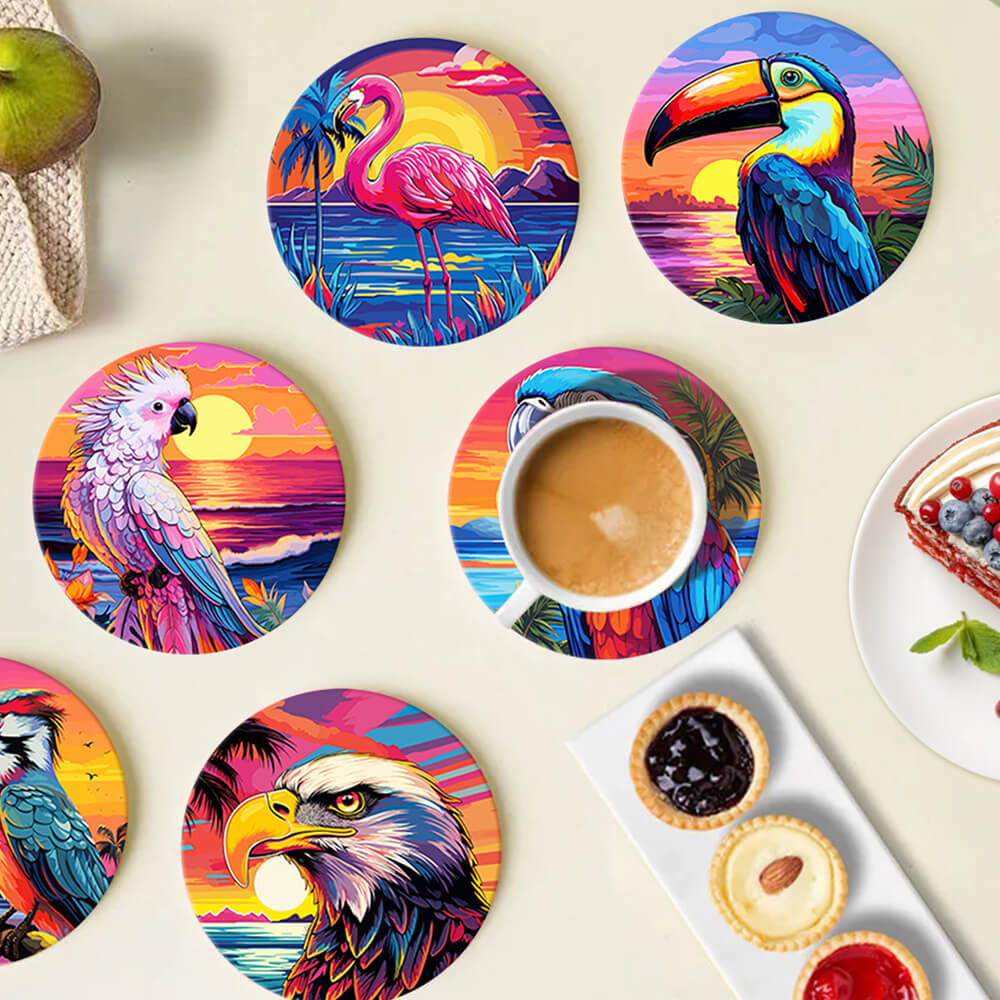 6 Pièces Dessous-de-verre Animaux Volants au Coucher de Soleil Peinture par Numéros