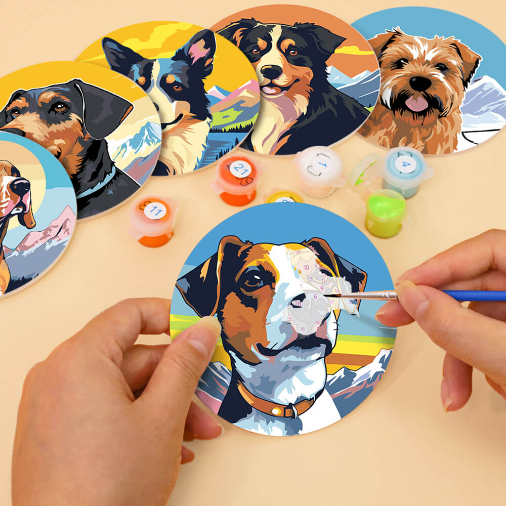 6 Pièces Dessous-de-verre Chiens et Montagnes Peinture par Numéros