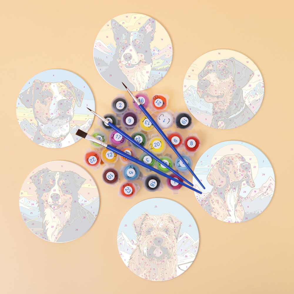 6 Pièces Dessous-de-verre Chiens et Montagnes Peinture par Numéros