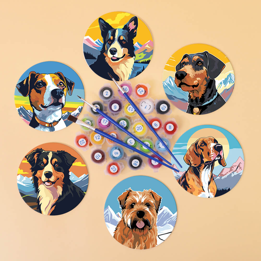 6 Pièces Dessous-de-verre Chiens et Montagnes Peinture par Numéros