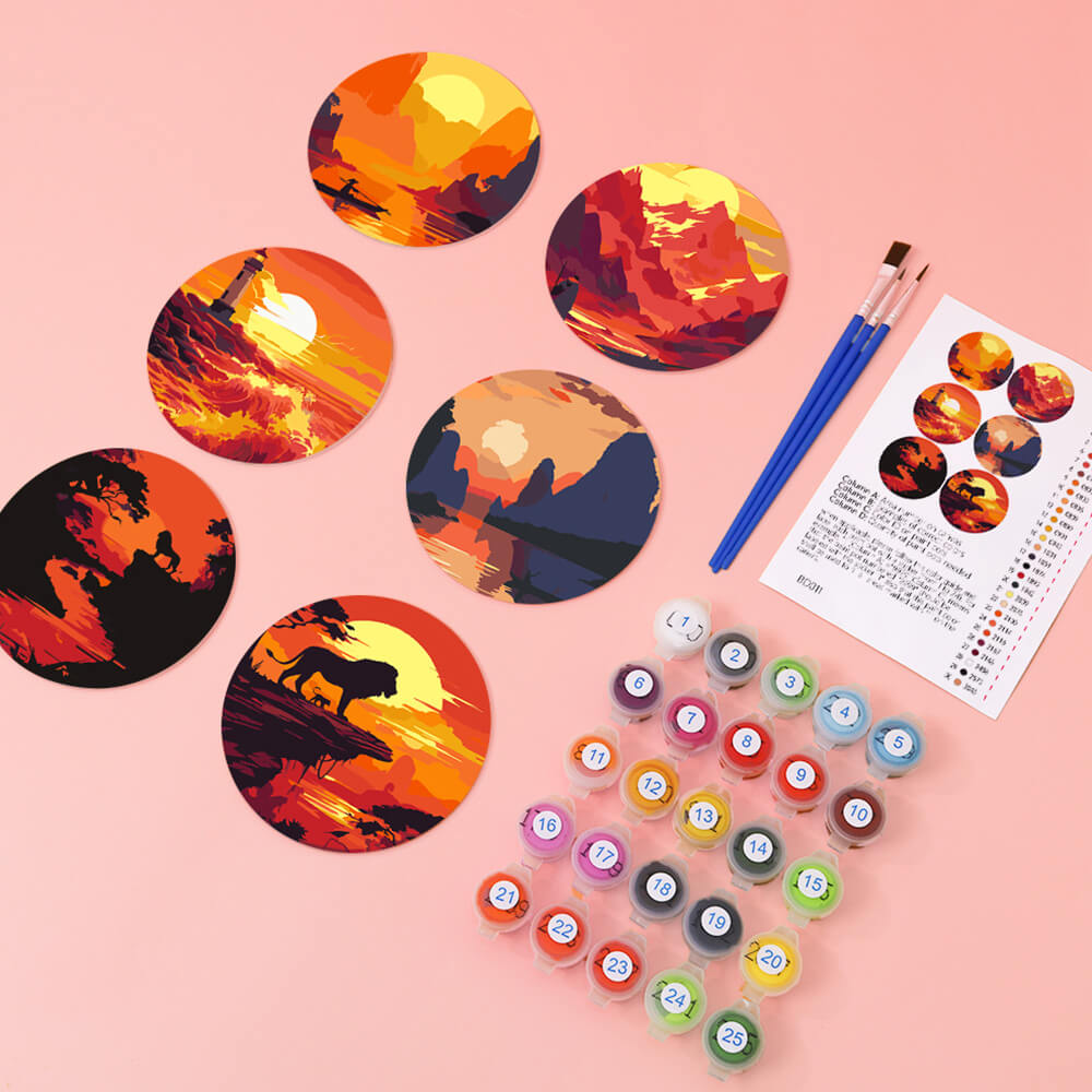 6 Pièces Dessous-de-verre Coucher de Soleil sur Montagnes et Phare Peinture par Numéros
