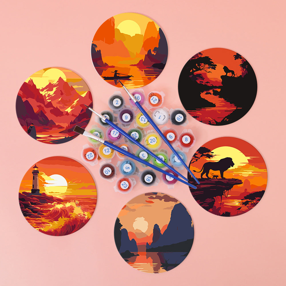 6 Pièces Dessous-de-verre Coucher de Soleil sur Montagnes et Phare Peinture par Numéros