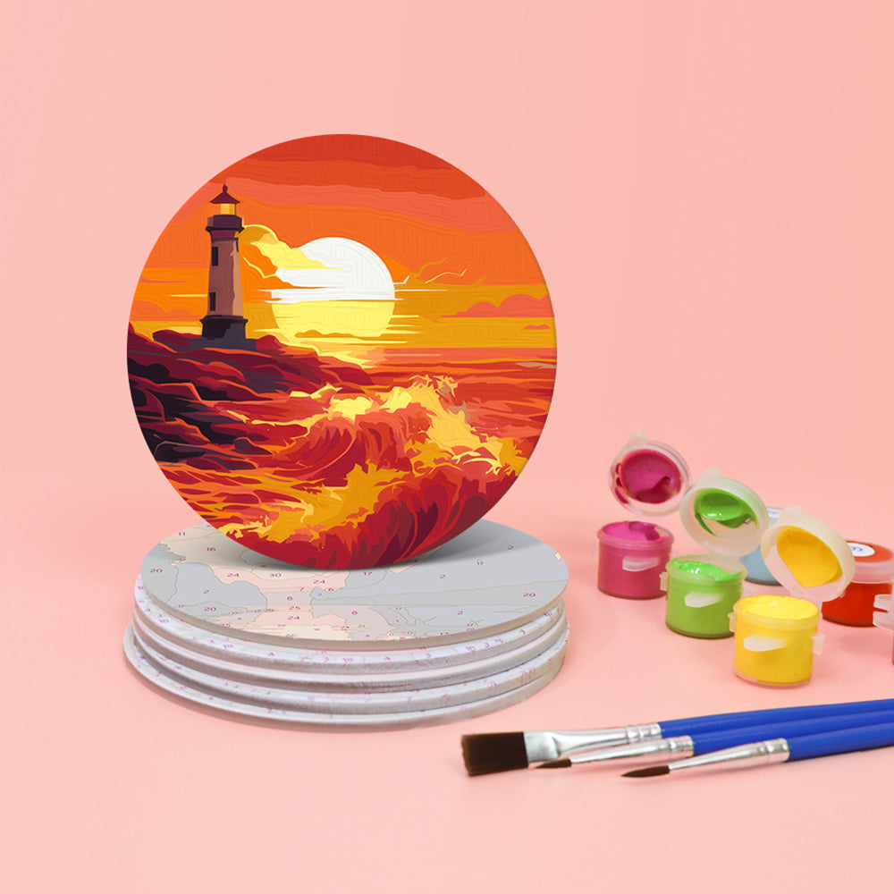 6 Pièces Dessous-de-verre Coucher de Soleil sur Montagnes et Phare Peinture par Numéros