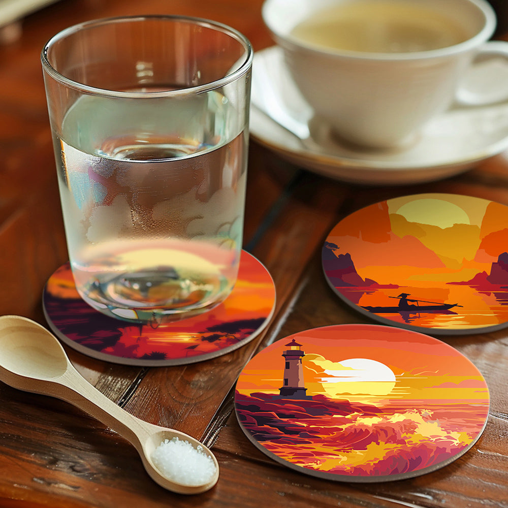 6 Pièces Dessous-de-verre Coucher de Soleil sur Montagnes et Phare Peinture par Numéros