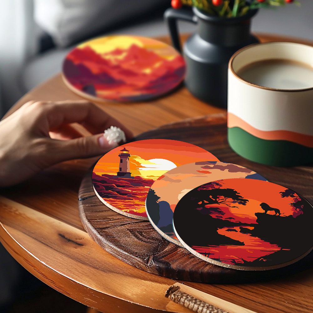 6 Pièces Dessous-de-verre Coucher de Soleil sur Montagnes et Phare Peinture par Numéros