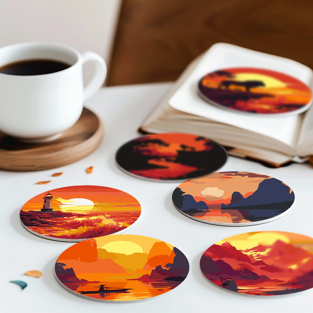 6 Pièces Dessous-de-verre Coucher de Soleil sur Montagnes et Phare Peinture par Numéros