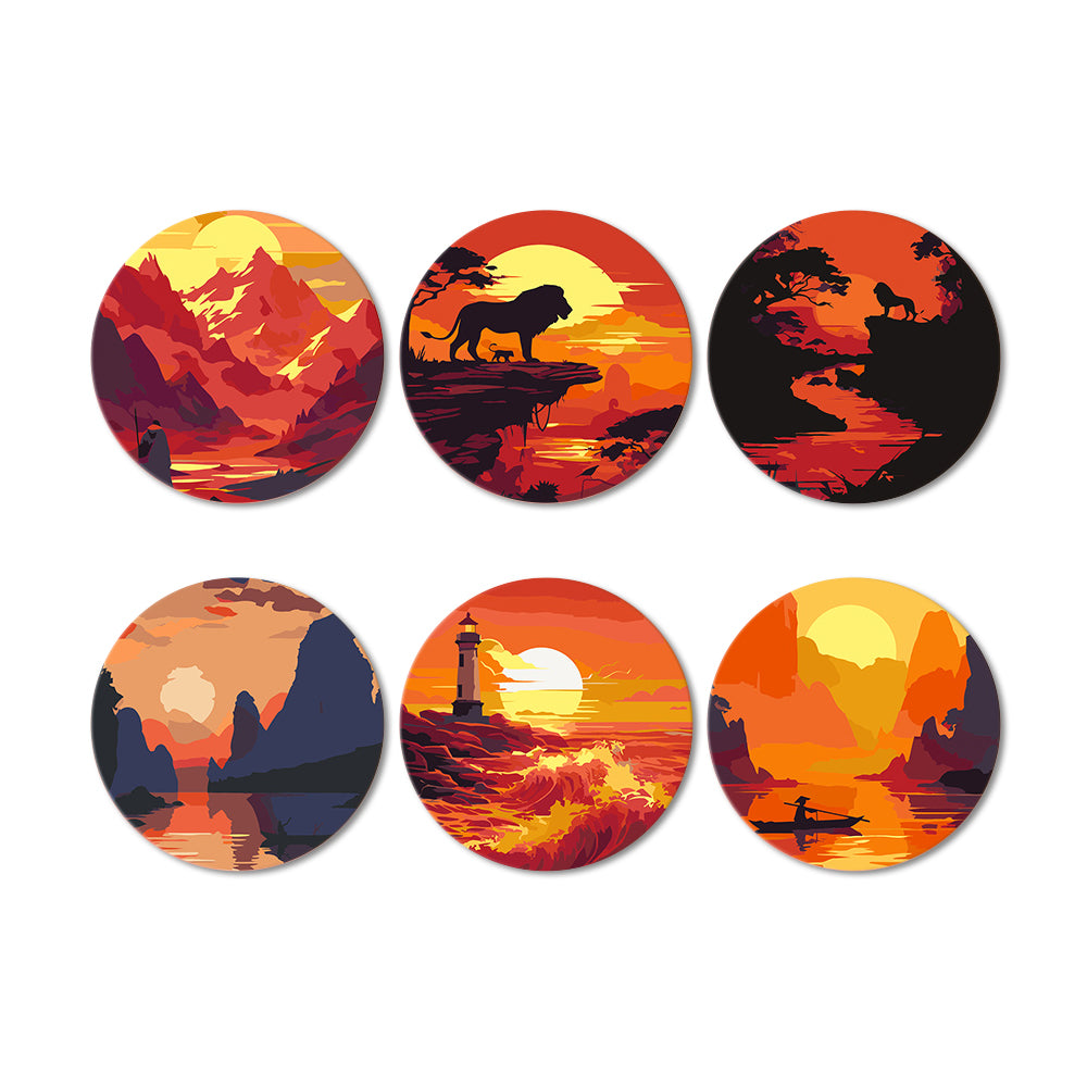 6 Pièces Dessous-de-verre Coucher de Soleil sur Montagnes et Phare Peinture par Numéros
