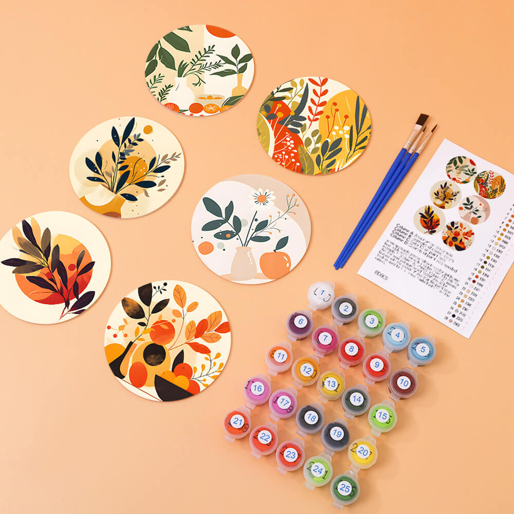 6 Pièces Dessous-de-verre Feuilles d'Automne en Pot Peinture par Numéros