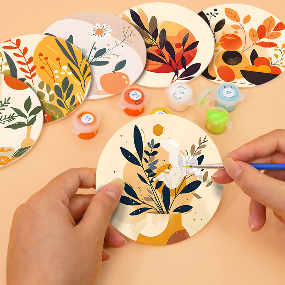 6 Pièces Dessous-de-verre Feuilles d'Automne en Pot Peinture par Numéros