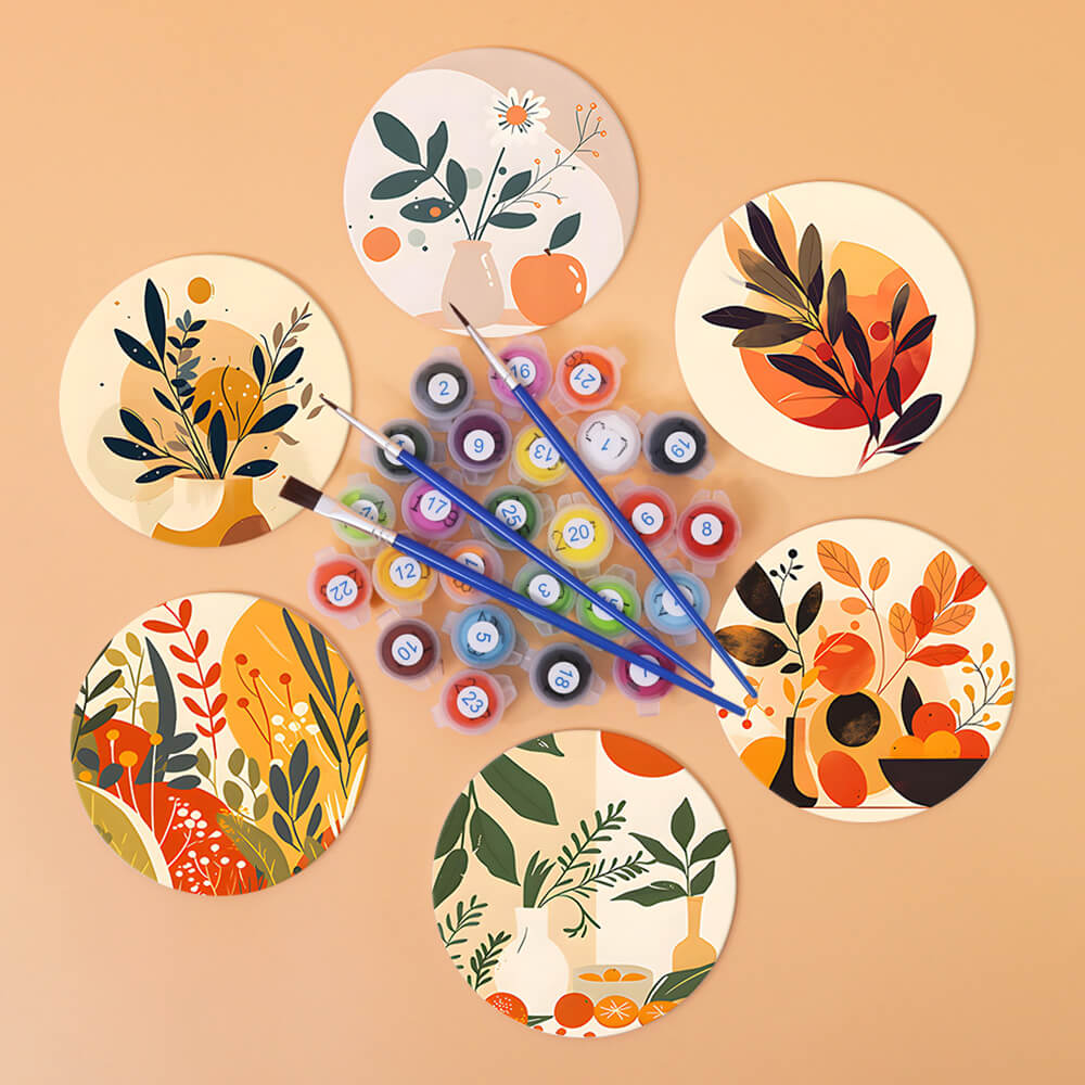 6 Pièces Dessous-de-verre Feuilles d'Automne en Pot Peinture par Numéros