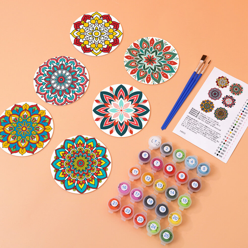 6 Pièces Dessous-de-verre Mandala en Forme de Lotus Peinture par Numéros